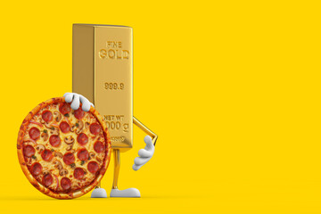 Poster - Golden Bar Cartoon Person Character Mascot with Tasty Pepperoni Pizza. 3d Rendering