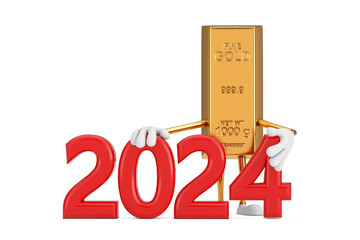 Aufkleber - Golden Bar Cartoon Person Character Mascot with Red 2024 New Year Sign. 3d Rendering