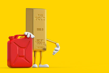 Poster - Golden Bar Cartoon Person Character Mascot with Red Metal Jerrican Canister. 3d Rendering