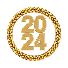 Poster - New Year 2024 Xmas Golden Sign with Metal Golden Rope in Shape of Circle. 3d Rendering