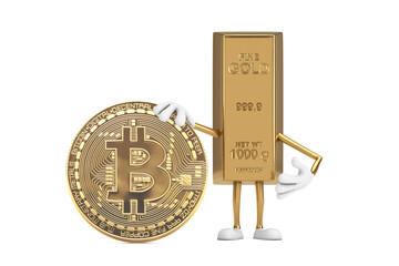 Poster - Golden Bar Cartoon Person Character Mascot with Cryptocurrency Golden Bitcoin Coin . 3d Rendering