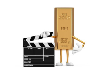 Poster - Golden Bar Cartoon Person Character Mascot with Movie Clapper Board. 3d Rendering