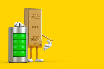 Poster - Golden Bar Cartoon Person Character Mascot with Abstract Charging Battery. 3d Rendering