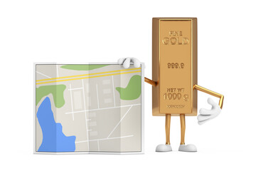 Poster - Golden Bar Cartoon Person Character Mascot with Abstract City Plan Map. 3d Rendering