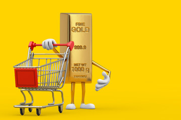 Wall Mural - Golden Bar Cartoon Person Character Mascot with Shopping Cart Trolley. 3d Rendering