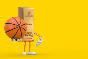 Leinwandbilder - Golden Bar Cartoon Person Character Mascot with Basketball Ball. 3d Rendering