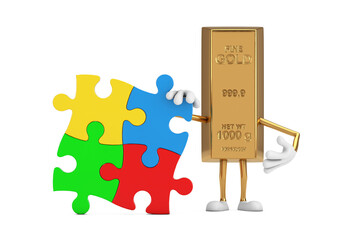 Poster - Golden Bar Cartoon Person Character Mascot with Four Pieces of Colorful Jigsaw Puzzle. 3d Rendering