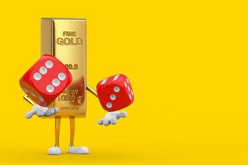Poster - Golden Bar Cartoon Person Character Mascot with Red Game Dice Cubes in Flight. 3d Rendering