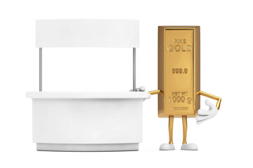 Leinwandbilder - Golden Bar Cartoon Person Character Mascot near Blank Promotion Stand with Free Space for Your Design. 3d Rendering