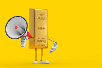 Poster - Golden Bar Cartoon Person Character Mascot with Red Retro Megaphone. 3d Rendering