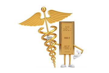 Poster - Golden Bar Cartoon Person Character Mascot with Golden Medical Caduceus Symbol. 3d Rendering