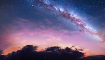starry night blue sky on pink sunset milky way dramatic clouds galaxy cosmic space weather background