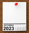 Calendar September 2023 on Blank Note Paper. 3d Rendering