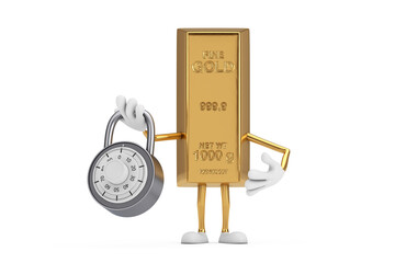 Poster - Golden Bar Cartoon Person Character Mascot with Silver Combination Padlock. 3d Rendering