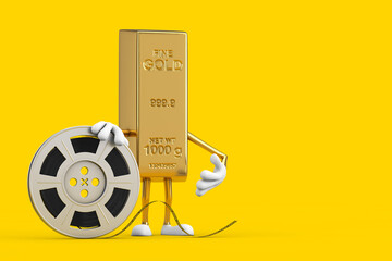 Poster - Golden Bar Cartoon Person Character Mascot with Film Reel Cinema Tape. 3d Rendering