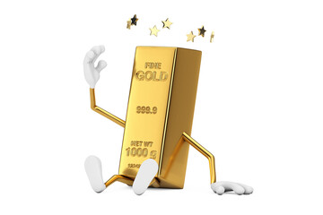 Poster - Seated Golden Bar Cartoon Person Character Mascot with Stars Around Head. 3d Rendering