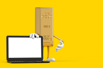 Poster - Golden Bar Cartoon Person Character Mascot with Modern Laptop Computer Notebook and Blank Screen for Your Design. 3d Rendering