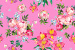 Barbie colors Picturesque bright seamless floral pattern red pink roses painted in oil with large strokes for wallpapers, textiles, postcards, posters, prints on a pink background.