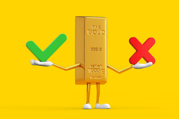 Aufkleber - Golden Bar Cartoon Person Character Mascot with Red Cross and Green Check Mark, Confirm or Deny, Yes or No Icon Sign. 3d Rendering