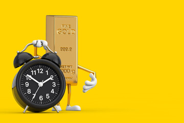 Poster - Golden Bar Cartoon Person Character Mascot with Alarm Clock. 3d Rendering