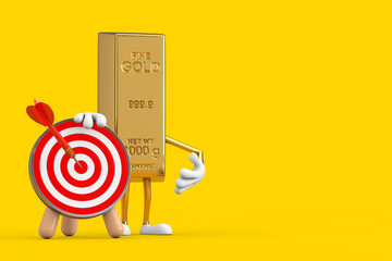 Poster - Golden Bar Cartoon Person Character Mascot with Archery Target and Dart in Center. 3d Rendering