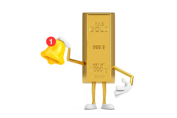 Aufkleber - Golden Bar Cartoon Person Character Mascot witn Cartoon Social Media Notification Bell and New Message Icon. 3d Rendering