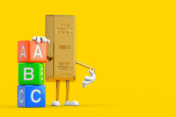 Poster - Golden Bar Cartoon Person Character Mascot with Alphabet ABC Education Cubes. 3d Rendering