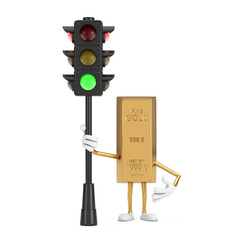 Poster - Golden Bar Cartoon Person Character Mascot with Traffic Green Light. 3d Rendering