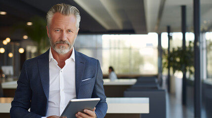 A handsome middle aged man holding a tablet. Blurry office environment in the background.