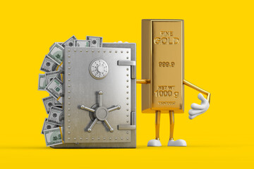 Poster - Golden Bar Cartoon Person Character Mascot with Vault or Safe Box Full of Dollar Bills. 3d Rendering