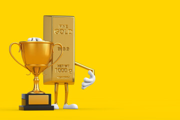Aufkleber - Golden Bar Cartoon Person Character Mascot with Golden Award Trophy. 3d Rendering