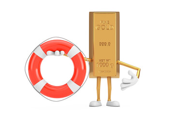 Poster - Golden Bar Cartoon Person Character Mascot with Life Buoy. 3d Rendering