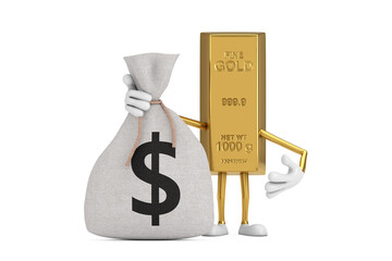 Poster - Golden Bar Cartoon Person Character Mascot and Tied Rustic Canvas Linen Money Sack or Money Bag with Dollar Sign. 3d Rendering