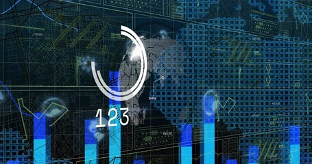 Wall Mural - Animation of interface with statistical and stock market data processing over globe and world map