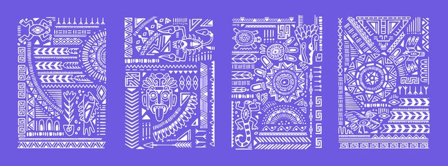 Ethnic posters set. Ancient Aztec tribal cards, interior wall arts with Navajo symbols. Mexican ornaments, patterns, vertical decorations with shapes, lines, elements. Drawn vector illustrations