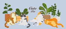 Vector Illustration Of A Cat Sleeping Beside A Potted Plant On A Leisurely Day.