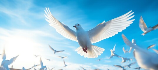 Flying dove bird. Holy spirit heaven religion faith concept. Generative AI technology.