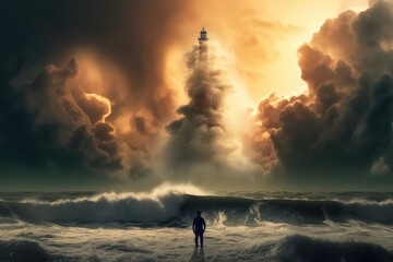 Lighthouse In Stormy Landscape - Leader And Vision Concept. A huge wave hitting a lighthouse, with a man inside at sunrise. Storm clouds in the sky.