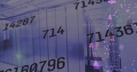 Wall Mural - animation of numbers changing and connected icons over data server room