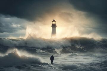 Lighthouse In Stormy Landscape - Leader And Vision Concept. A huge wave hitting a lighthouse, with a man inside at sunrise. Storm clouds in the sky.