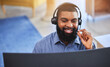 © JoshuAA/peopleimages.com - Call center, customer support and black man on computer talking at desk for friendly service. Telemarketing, business and happy male consultant with headset for communication, crm help and contact