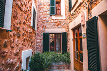 View Of A Medieval Street In The Old Town Of The Picturesque Spanish-style Village Fornalutx, Majorca Or Mallorca Island