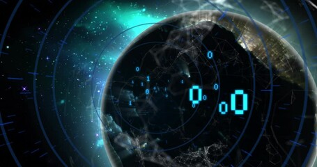 Wall Mural - animation of illuminated binary codes with circles and connected dots over rotating globe