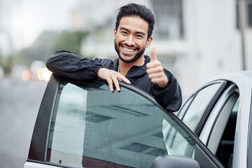 New car, man with thumbs up and smile on street, yes and thank you for vehicle finance loan success. Winning, motor deal and happy driver in city for travel, transport and auto insurance agreement.