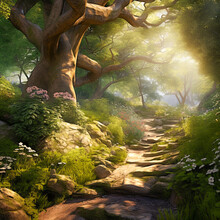 A Winding Path Leads To A Majestic Tree In A Lush Forest, The Lush Forest With Its Tall Trees, Green Leaves, And Dappled Sunlight The Sense Of Mystery And Adventure That The Image Evokes