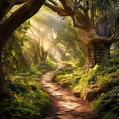 Enchanted Forest Trail: Sunbeams Dancing Through Ancient Trees