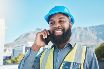 Canvas Print - Happy, man and phone call for construction in city with civil engineering, building industry and renovation. Face of african male architect talking on smartphone for discussion of project management