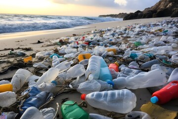 Canvas Print - Close-up image of plastic waste strewn on a beach, emphasizing the problem of marine pollution and its impact on wildlife