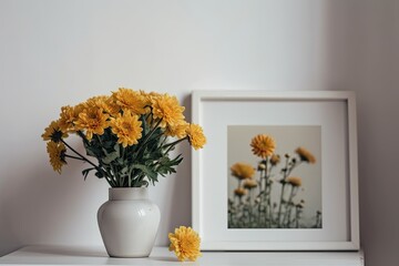 Wall Mural - a yellow chrysanthemum in a vase and a frame is displayed against a white shelf. Generative AI