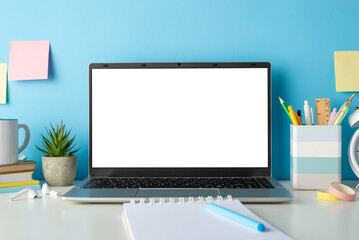 create engaging online education content with a side view picture of a white desk, laptop, and stati